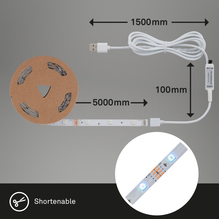 Brilo - LED RGB Tira regulable 6,6m LED/6W/USB + control remoto
