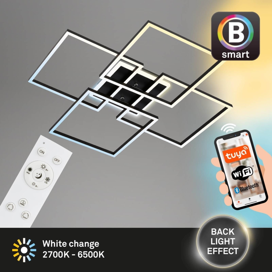 Brilo - Lámpara de techo LED regulable FRAME LED/50W/230V 2700-6500K 72,4x72,4cm negra Wi-Fi Tuya + mando a distancia