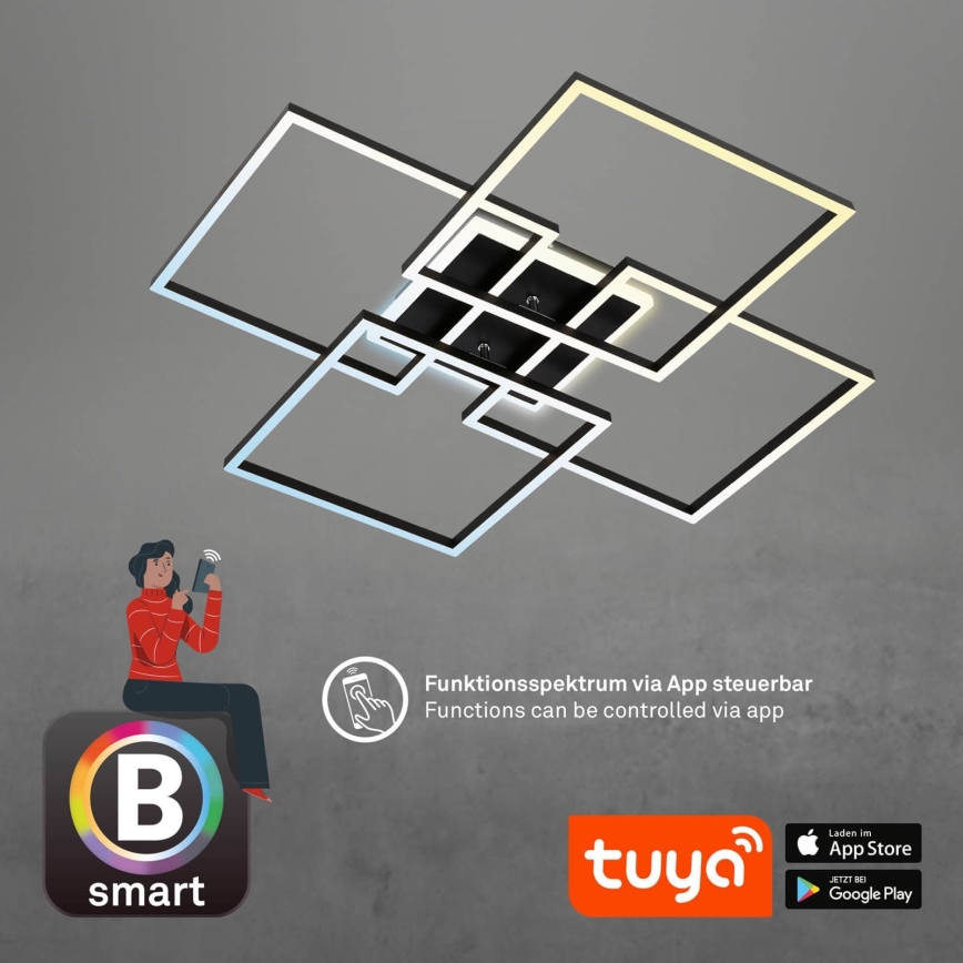 Brilo - Lámpara de techo LED regulable FRAME LED/50W/230V 2700-6500K 72,4x72,4cm negra Wi-Fi Tuya + mando a distancia