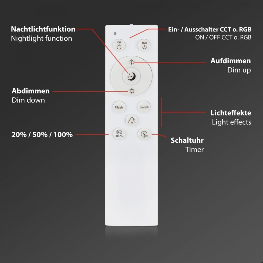 Briloner 3709-015 - Plafón LED RGBW regulable LED/22W/230V 4000K diá. 38 cm negro + control remoto