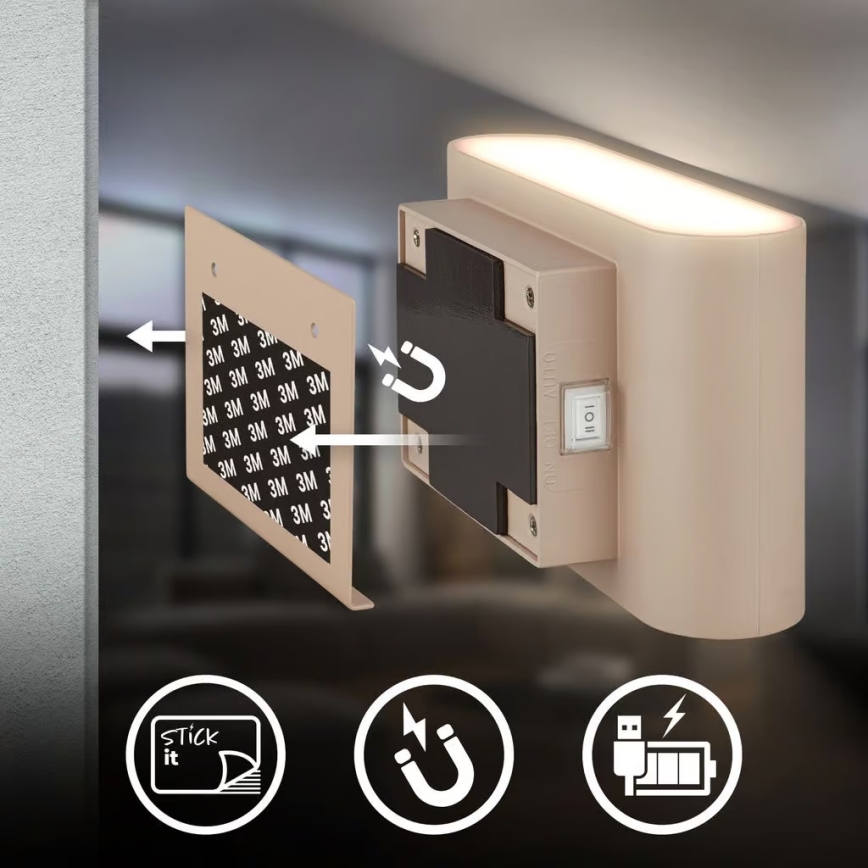 Briloner 3878011 - Aplique de pared LED recargable con sensor de movimiento y crepuscular CHAT LED/3W/5V 2000 mAh beige