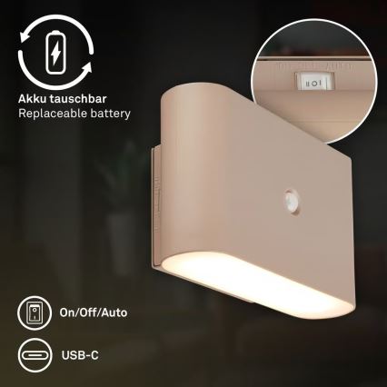 Briloner 3878011 - Aplique de pared LED recargable con sensor de movimiento y crepuscular CHAT LED/3W/5V 2000 mAh beige