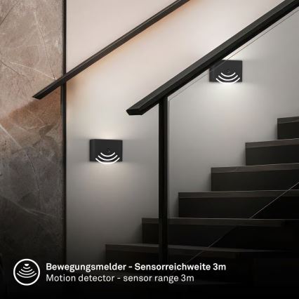 Briloner 3878015 - Aplique de pared LED recargable con sensor de movimiento y detector crepuscular CHAT LED/3W/5V 2000 mAh negro