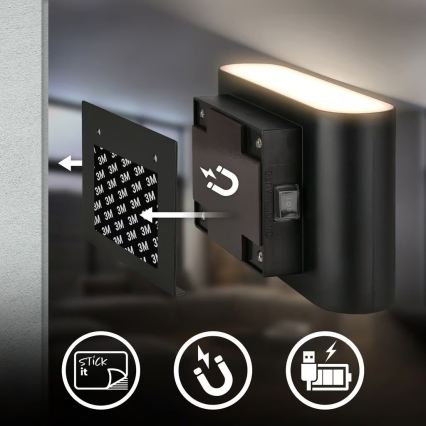 Briloner 3878015 - Aplique de pared LED recargable con sensor de movimiento y detector crepuscular CHAT LED/3W/5V 2000 mAh negro