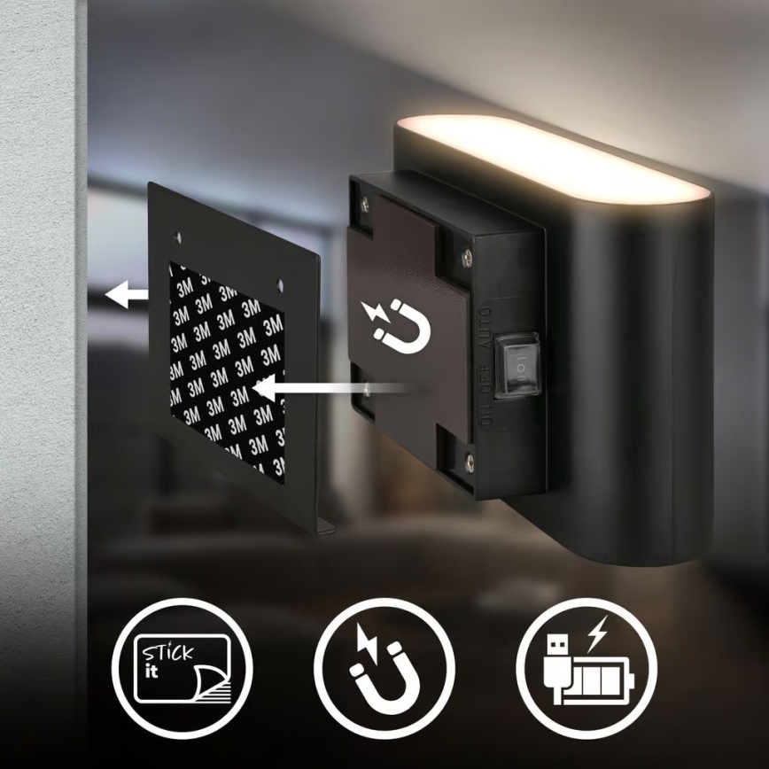 Briloner 3878015 - Aplique de pared LED recargable con sensor de movimiento y detector crepuscular CHAT LED/3W/5V 2000 mAh negro