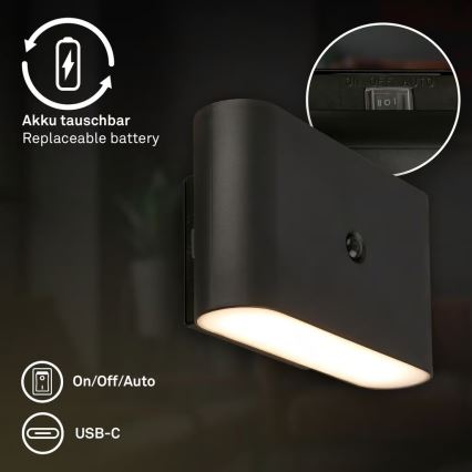 Briloner 3878015 - Aplique de pared LED recargable con sensor de movimiento y detector crepuscular CHAT LED/3W/5V 2000 mAh negro