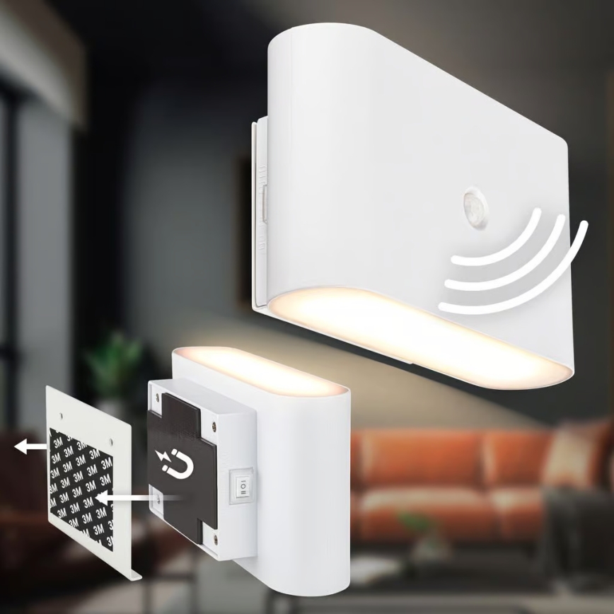 Briloner 3878016 - Aplique de pared recargable LED con sensor de movimiento y crepuscular CHAT LED/3W/5V 2000 mAh blanco