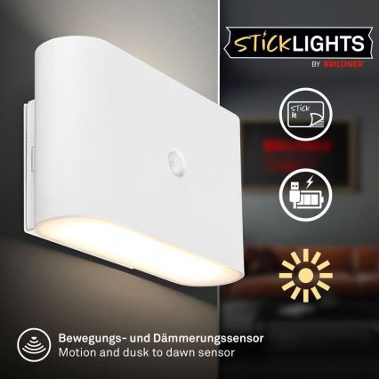 Briloner 3878016 - Aplique de pared recargable LED con sensor de movimiento y crepuscular CHAT LED/3W/5V 2000 mAh blanco