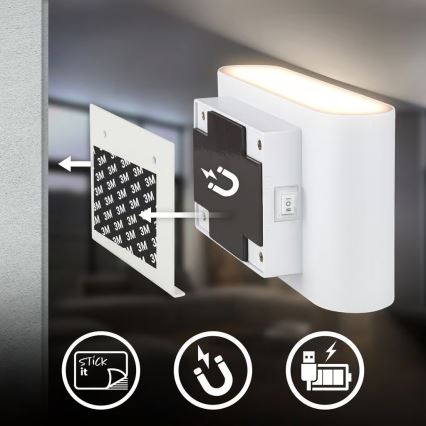 Briloner 3878016 - Aplique de pared recargable LED con sensor de movimiento y crepuscular CHAT LED/3W/5V 2000 mAh blanco