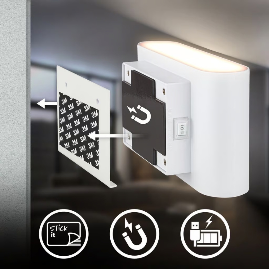Briloner 3878016 - Aplique de pared recargable LED con sensor de movimiento y crepuscular CHAT LED/3W/5V 2000 mAh blanco