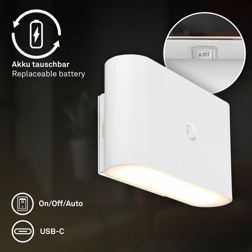 Briloner 3878016 - Aplique de pared recargable LED con sensor de movimiento y crepuscular CHAT LED/3W/5V 2000 mAh blanco
