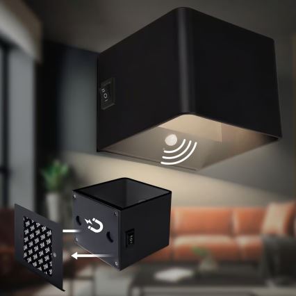 Briloner 3879015 - Aplique de pared LED recargable con sensor de movimiento y crepuscular BORRA LED/1,5W/5V 3600 mAh negro