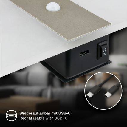 Briloner 3888012 - Aplique de pared LED recargable con sensor de movimiento y de crepúsculo AURA LED/2,5W/5V 1800 mAh cromado mate