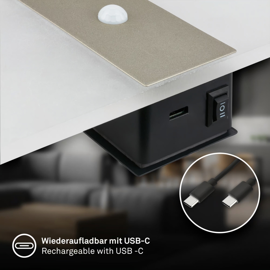 Briloner 3888012 - Aplique de pared LED recargable con sensor de movimiento y de crepúsculo AURA LED/2,5W/5V 1800 mAh cromado mate