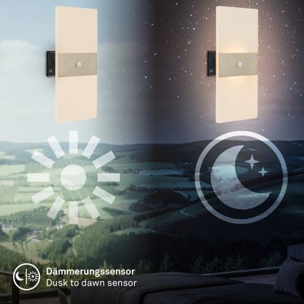 Briloner 3888012 - Aplique de pared LED recargable con sensor de movimiento y de crepúsculo AURA LED/2,5W/5V 1800 mAh cromado mate