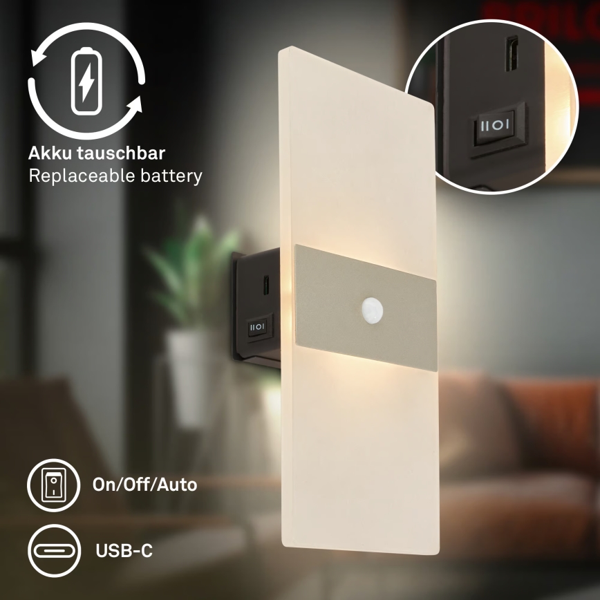 Briloner 3888012 - Aplique de pared LED recargable con sensor de movimiento y de crepúsculo AURA LED/2,5W/5V 1800 mAh cromado mate
