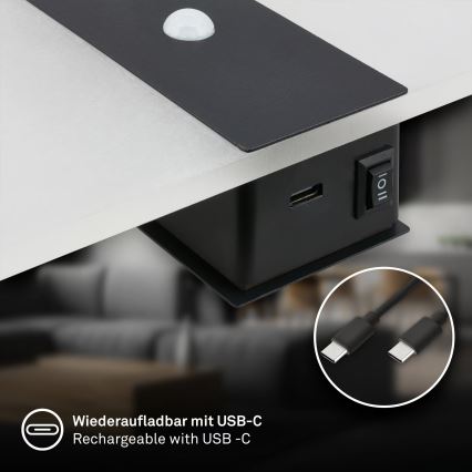 Briloner 3888015 - Aplique de pared LED recargable con sensor de movimiento y de crepúsculo AURA LED/2,5W/5V 1800 mAh negro