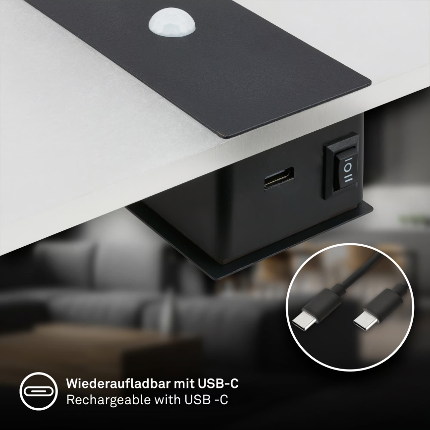 Briloner 3888015 - Aplique de pared LED recargable con sensor de movimiento y de crepúsculo AURA LED/2,5W/5V 1800 mAh negro