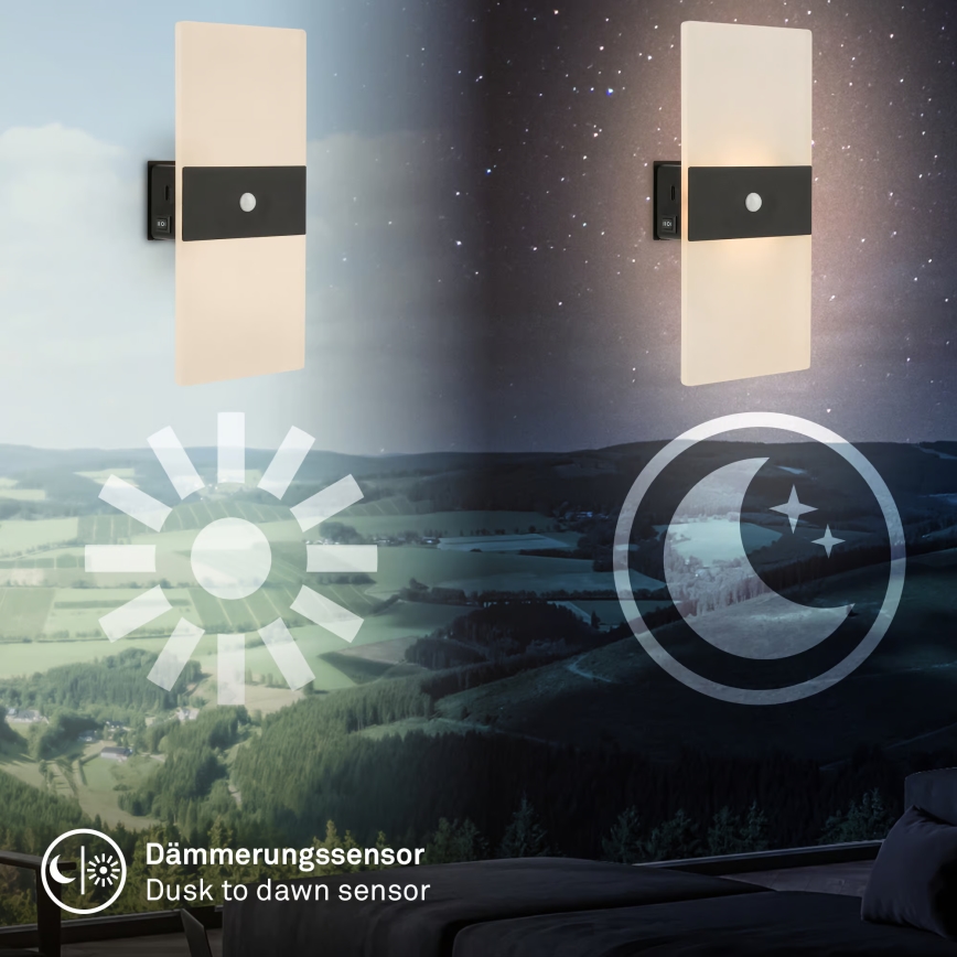 Briloner 3888015 - Aplique de pared LED recargable con sensor de movimiento y de crepúsculo AURA LED/2,5W/5V 1800 mAh negro