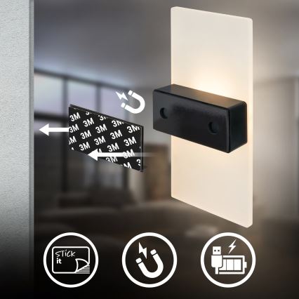 Briloner 3888015 - Aplique de pared LED recargable con sensor de movimiento y de crepúsculo AURA LED/2,5W/5V 1800 mAh negro