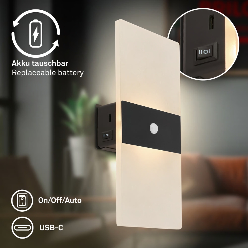 Briloner 3888015 - Aplique de pared LED recargable con sensor de movimiento y de crepúsculo AURA LED/2,5W/5V 1800 mAh negro