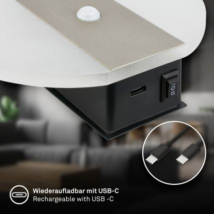Briloner 3889012 - Aplique de pared LED recargable con sensor de movimiento y sensor crepuscular TARO LED/2,5W/5V 1800 mAh cromo mate