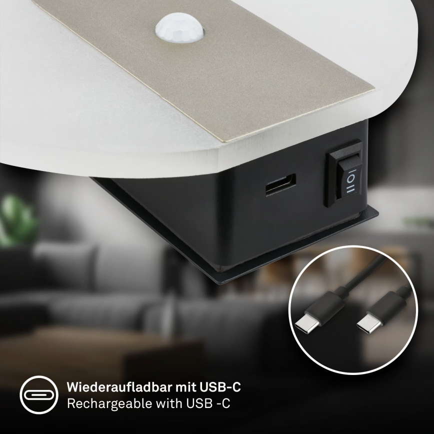 Briloner 3889012 - Aplique de pared LED recargable con sensor de movimiento y sensor crepuscular TARO LED/2,5W/5V 1800 mAh cromo mate