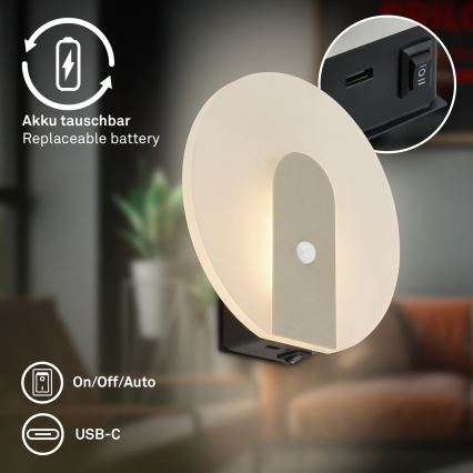 Briloner 3889012 - Aplique de pared LED recargable con sensor de movimiento y sensor crepuscular TARO LED/2,5W/5V 1800 mAh cromo mate