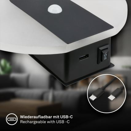 Briloner 3889015 - Lámpara de pared LED recargable con sensor de movimiento y de crepúsculo TARO LED/2,5W/5V 1800 mAh negra
