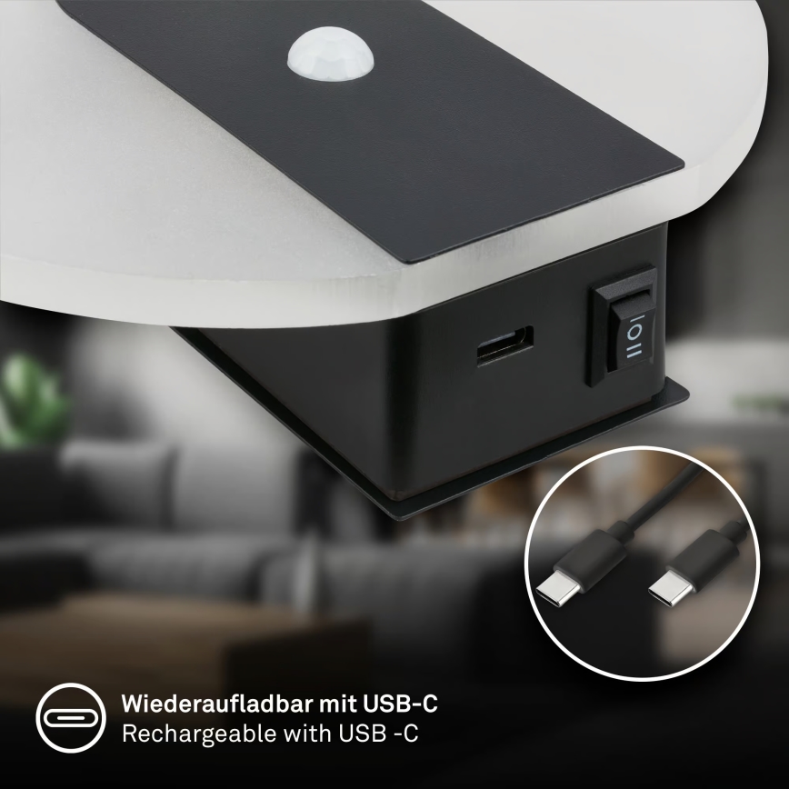 Briloner 3889015 - Lámpara de pared LED recargable con sensor de movimiento y de crepúsculo TARO LED/2,5W/5V 1800 mAh negra