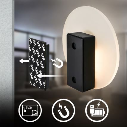 Briloner 3889015 - Lámpara de pared LED recargable con sensor de movimiento y de crepúsculo TARO LED/2,5W/5V 1800 mAh negra