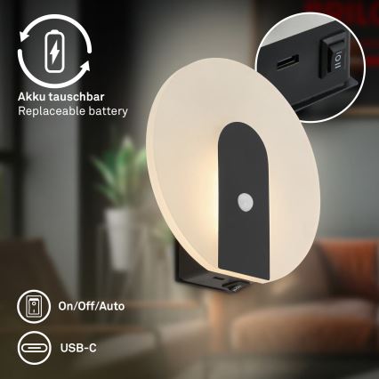 Briloner 3889015 - Lámpara de pared LED recargable con sensor de movimiento y de crepúsculo TARO LED/2,5W/5V 1800 mAh negra