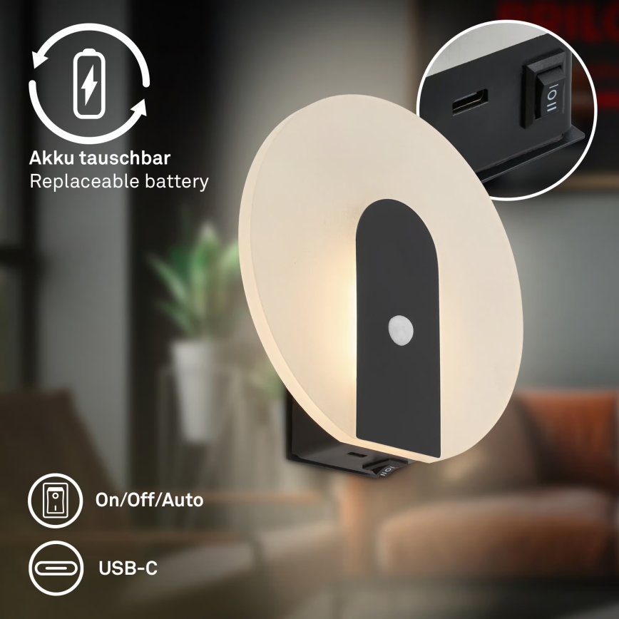 Briloner 3889015 - Lámpara de pared LED recargable con sensor de movimiento y de crepúsculo TARO LED/2,5W/5V 1800 mAh negra