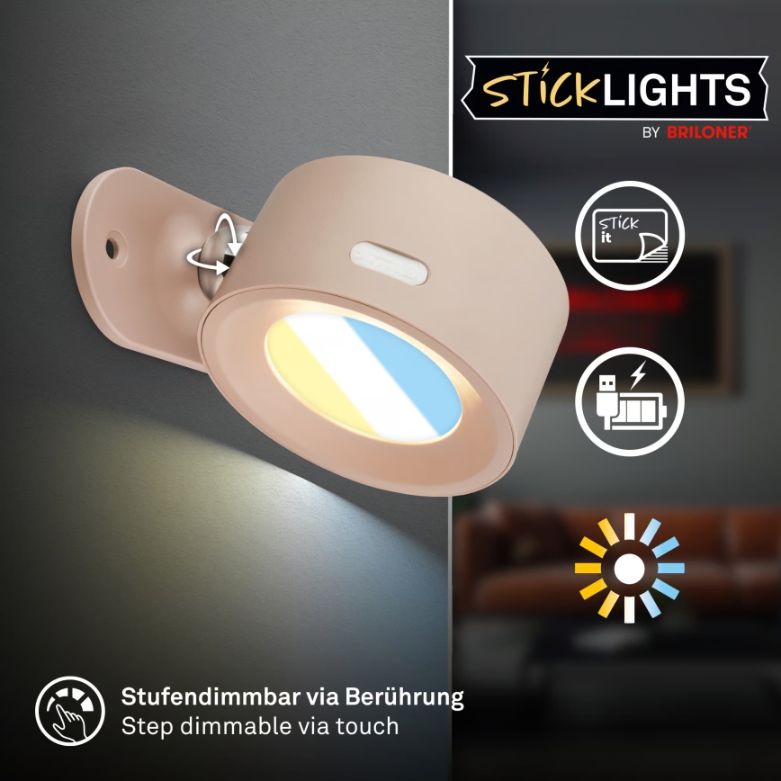 Briloner 3896011 - Aplique de pared recargable LED regulable TARI LED/1,6W/5V 1500 mAh beige
