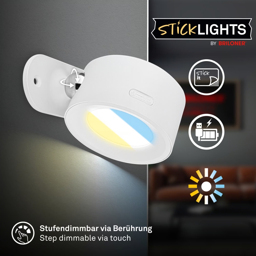 Briloner 3896016 - Aplique de pared recargable LED regulable TARI LED/1,6W/5V 1500 mAh blanco