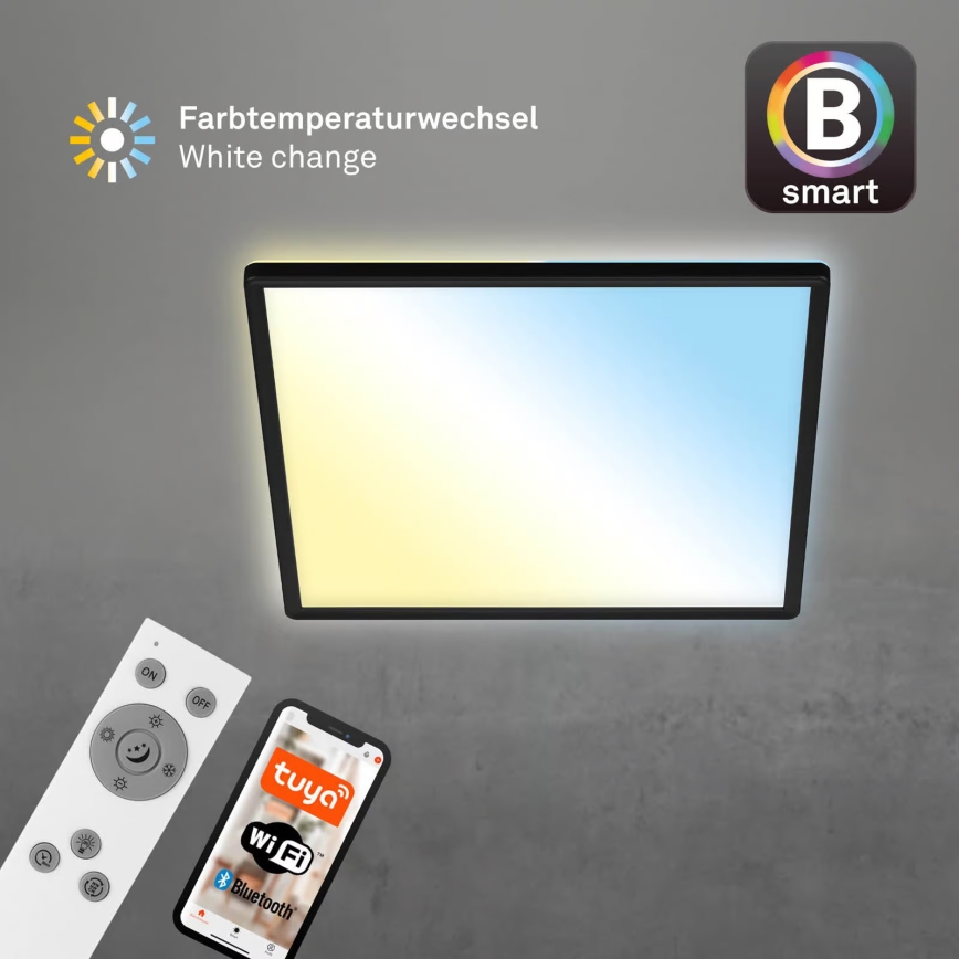 Briloner 7060-015 - Panel LED SLIM regulable de montaje en superficie, 22 W/230 V, 2700–6500 K, 42x42 cm, negro, Wi-Fi Tuya + mando a distancia