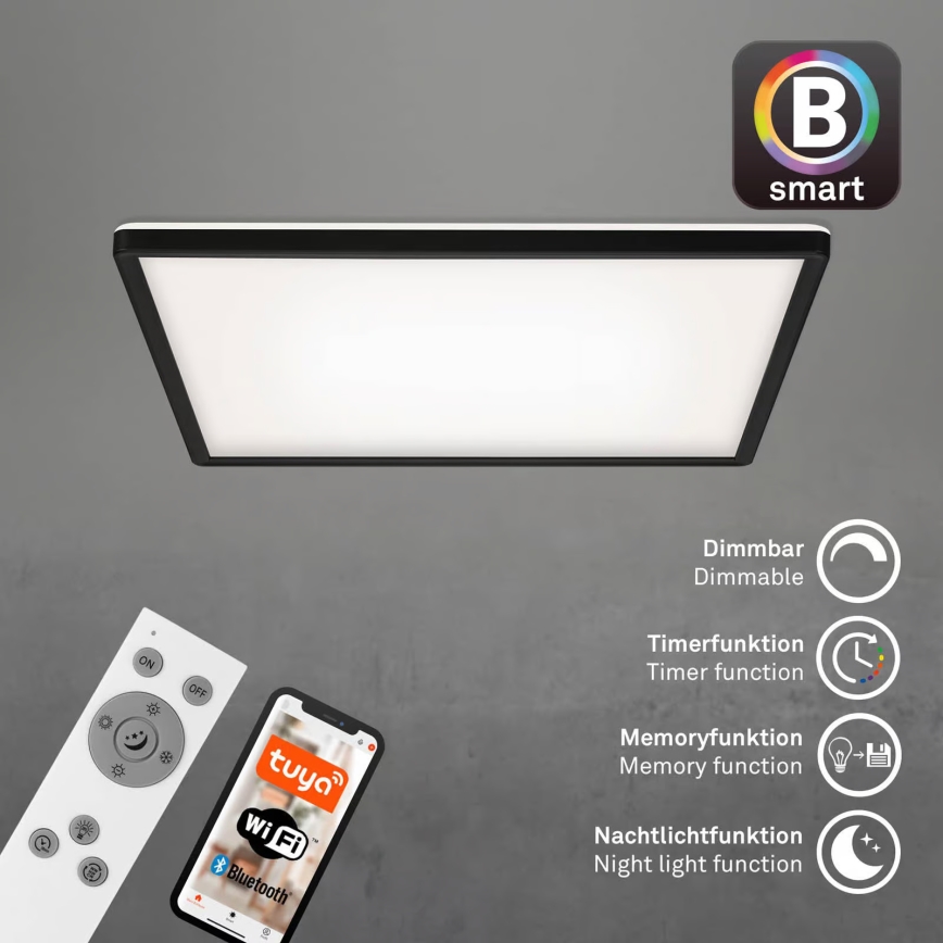 Briloner 7060-015 - Panel LED SLIM regulable de montaje en superficie, 22 W/230 V, 2700–6500 K, 42x42 cm, negro, Wi-Fi Tuya + mando a distancia