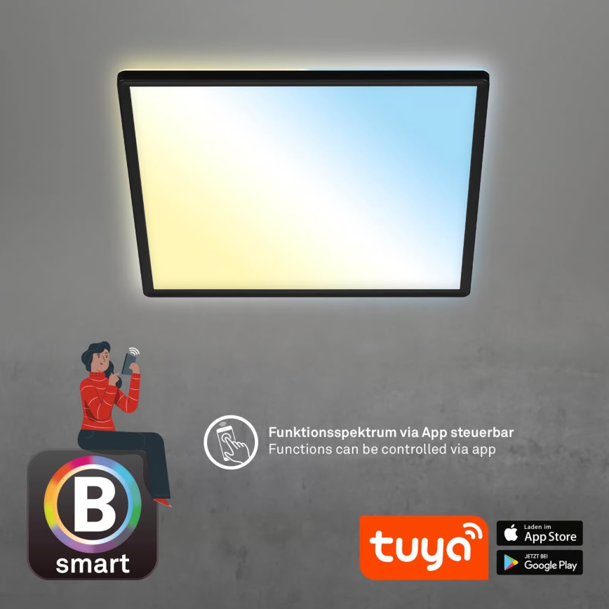 Briloner 7060-015 - Panel LED SLIM regulable de montaje en superficie, 22 W/230 V, 2700–6500 K, 42x42 cm, negro, Wi-Fi Tuya + mando a distancia