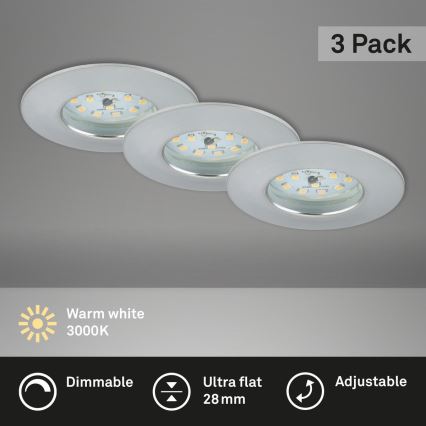 Briloner 7231-039 - Juego de 3 focos empotrados LED regulables para baño, LED/5,5W/230V, IP44, cromo mate