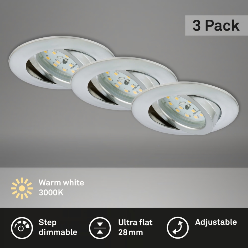 Briloner 7296-039 - Juego de 3 lámparas LED empotrables regulables para baño 1xLED/6,5W/230V 3000K IP23 cromo mate