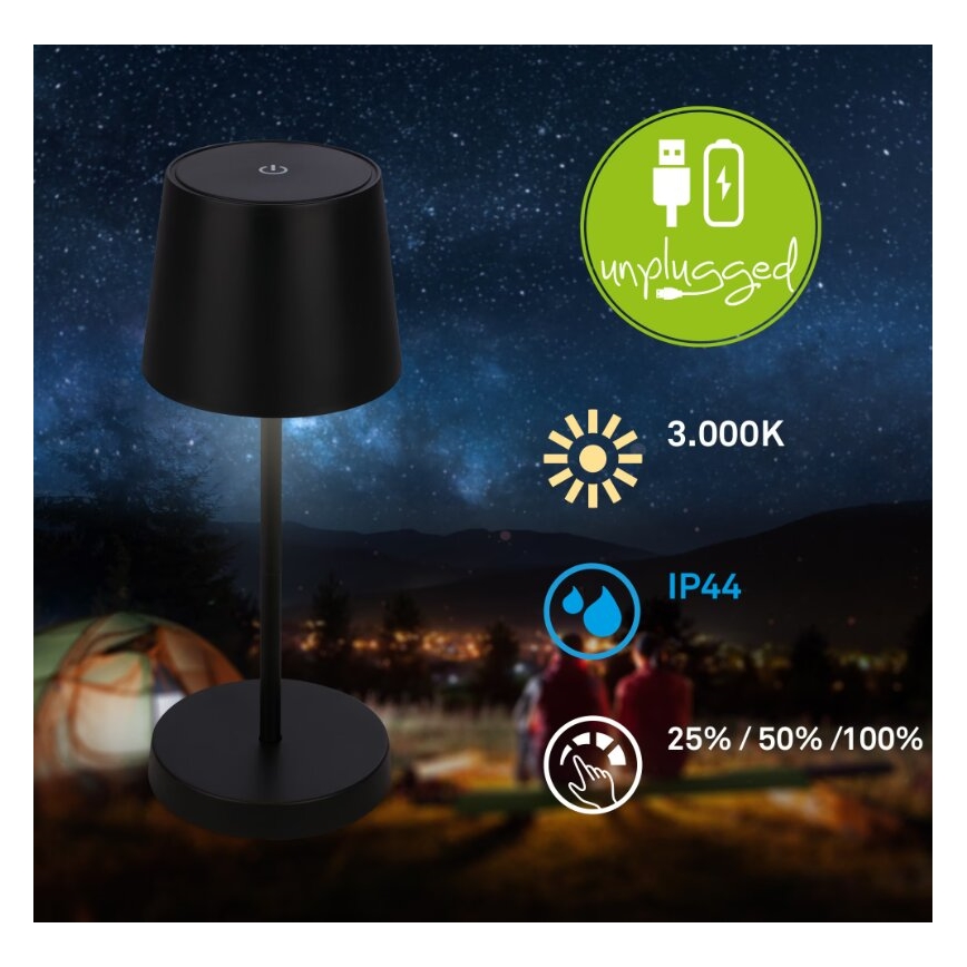 Briloner 7423015 - Lámpara de mesa LED para exterior recargable y regulable LED/2,6W/5V IP44 2000 mAh negro