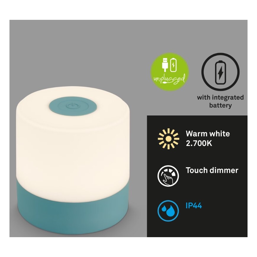 Briloner 7461010 - Lámpara de mesa LED exterior recargable y regulable LED/2W/5V IP44 1200 mAh azul