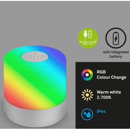 Briloner 7462014 - Lámpara de mesa LED RGB recargable para exterior LED/1,5W/5V IP44 1200 mAh cromo mate