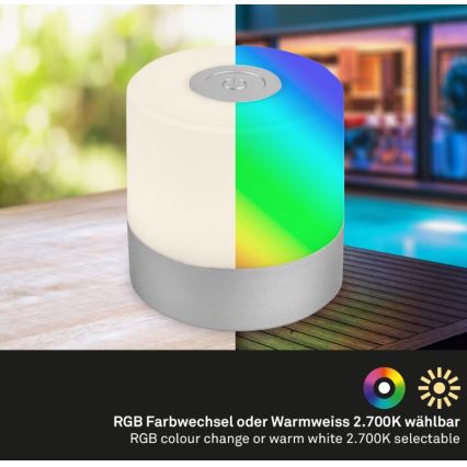 Briloner 7462014 - Lámpara de mesa LED RGB recargable para exterior LED/1,5W/5V IP44 1200 mAh cromo mate