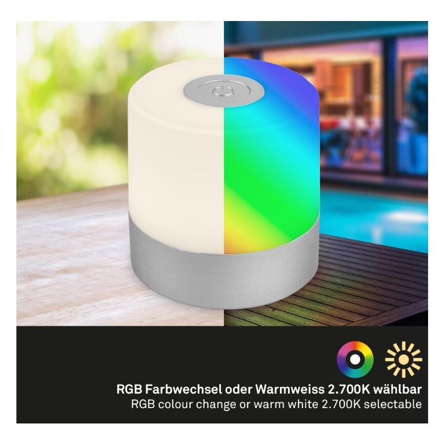 Briloner 7462014 - Lámpara de mesa LED RGB recargable para exterior LED/1,5W/5V IP44 1200 mAh cromo mate