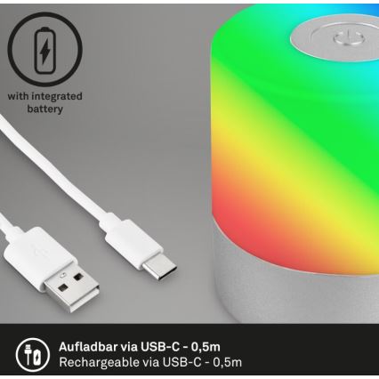 Briloner 7462014 - Lámpara de mesa LED RGB recargable para exterior LED/1,5W/5V IP44 1200 mAh cromo mate