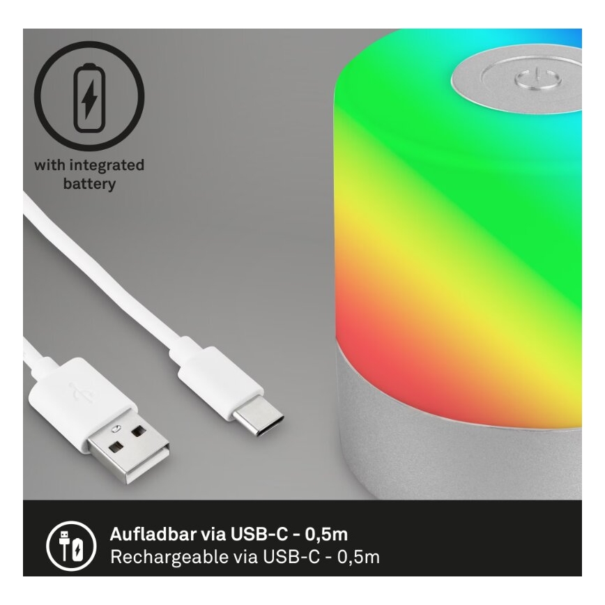 Briloner 7462014 - Lámpara de mesa LED RGB recargable para exterior LED/1,5W/5V IP44 1200 mAh cromo mate
