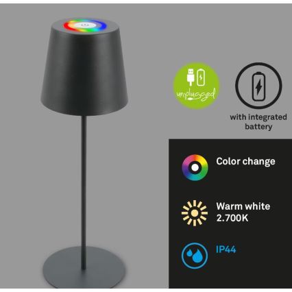 Briloner 7507015 - Lámpara de mesa de exterior LED RGB regulable y recargable 2en1 LED/2,5W/5V IP44 antracita