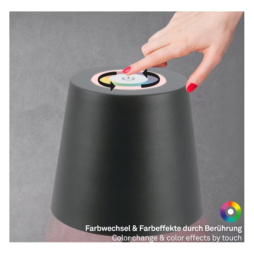 Briloner 7507015 - Lámpara de mesa exterior recargable LED RGB regulable 2 en 1 LED/2,5W/5V IP44 1200 mAh antracita