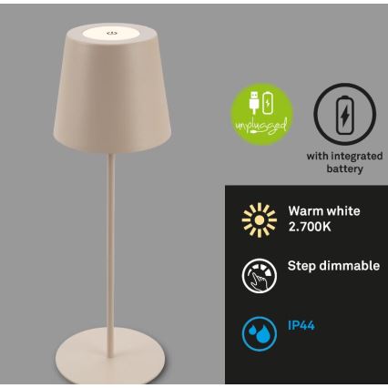 Briloner 7508011 - Lámpara de mesa exterior recargable y regulable 2 en 1 LED/2,5W/5V IP44 1200 mAh beige